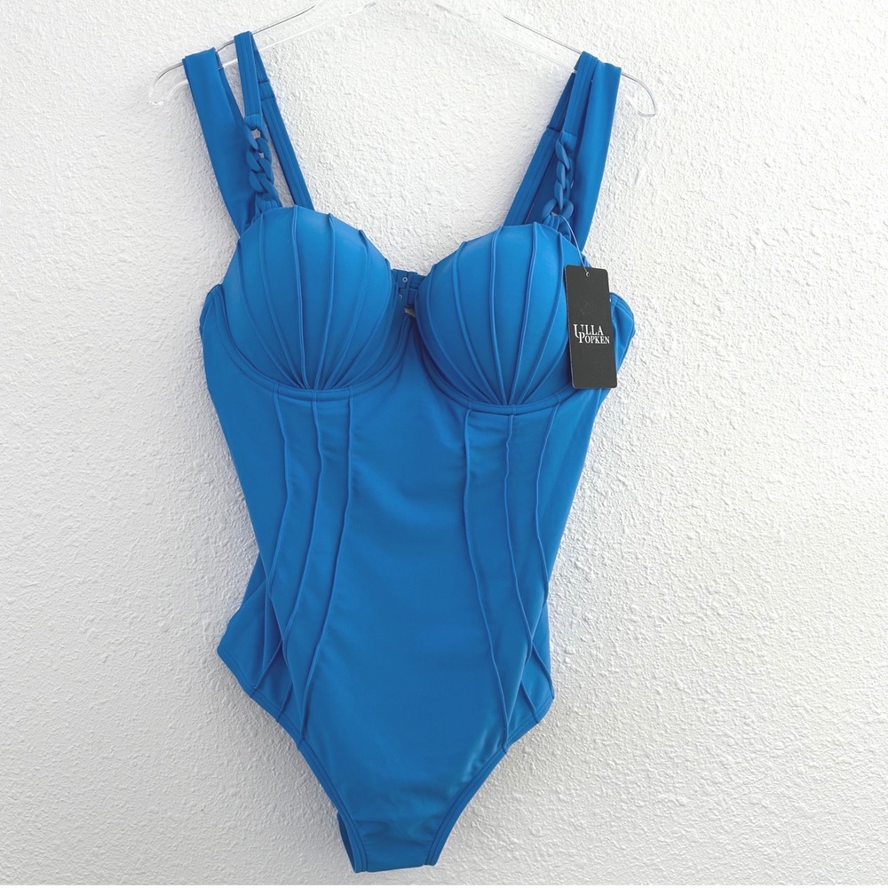 Ulla Popken One Piece Chain Strap Swimsuit Women 14 Blue Resort Coastal Beachy